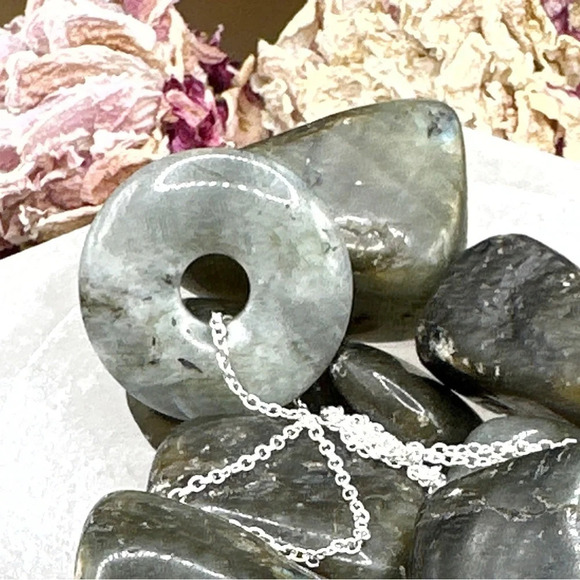 Rainbow labradorite medallion pendant with sterling silver stamped chain - Picture 1 of 6